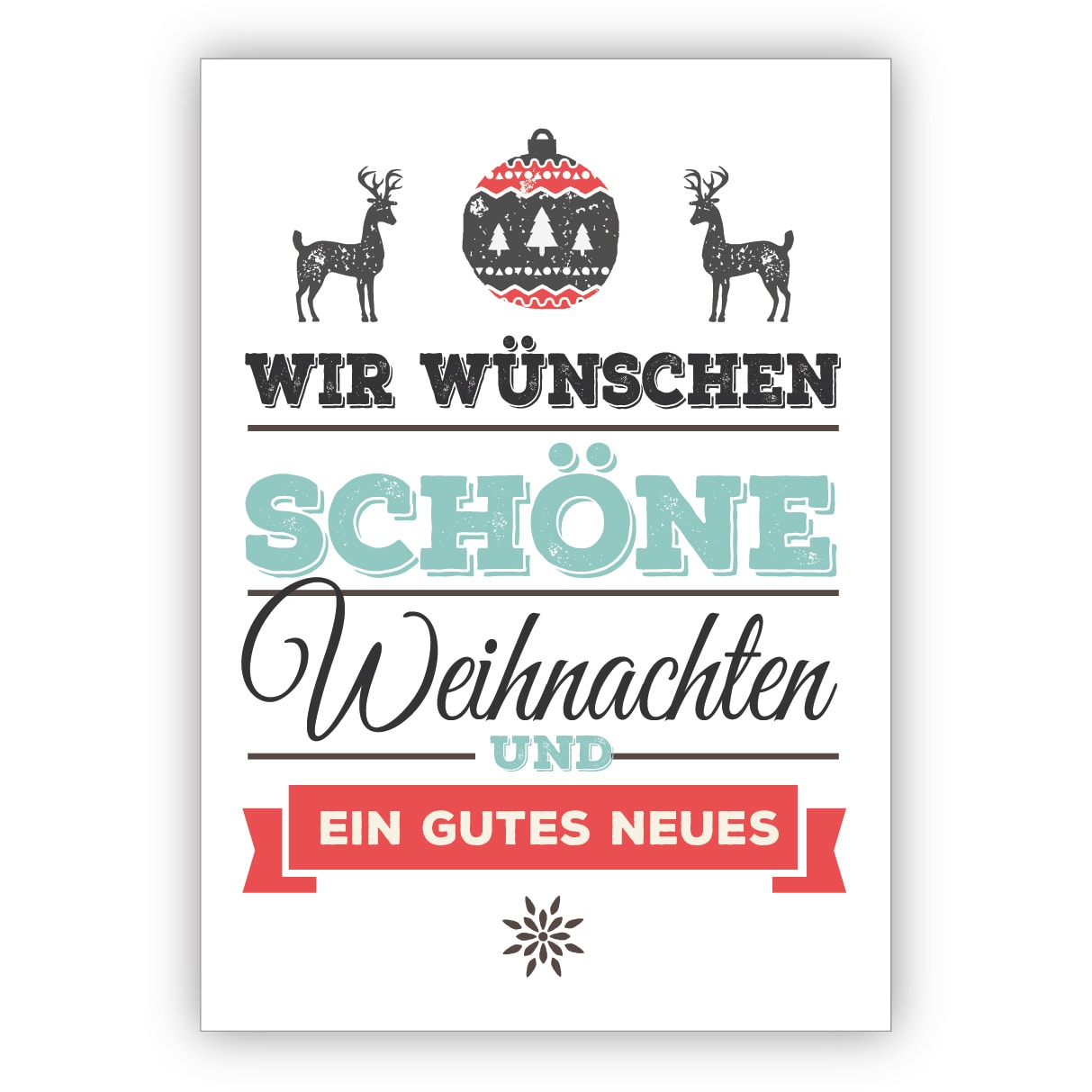 Edle Typografische Weihnachtskarte mit Hirschen auf weiß: Wir wünschen schöne Weihnachten und ein gutes Neuer