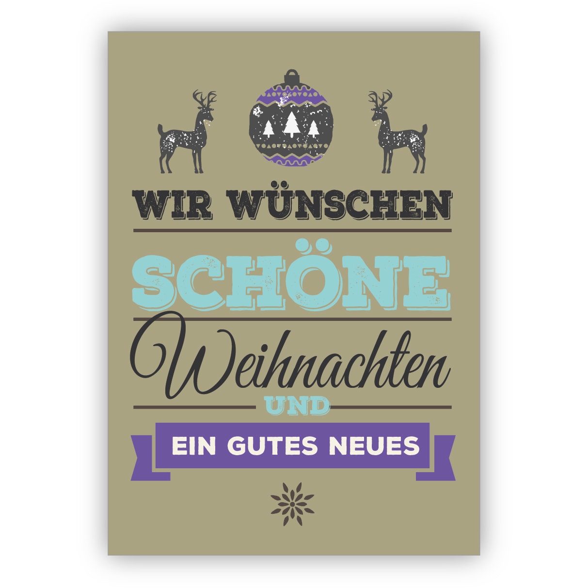 Edle Typografische Weihnachtskarte mit Hirschen auf grüngrau: Wir wünschen schöne Weihnachten und ein gutes Neuer