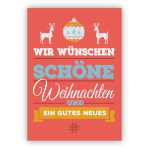Edle Typografische Weihnachtskarte mit Hirschen auf rot: Wir wünschen schöne Weihnachten und ein gutes Neuer