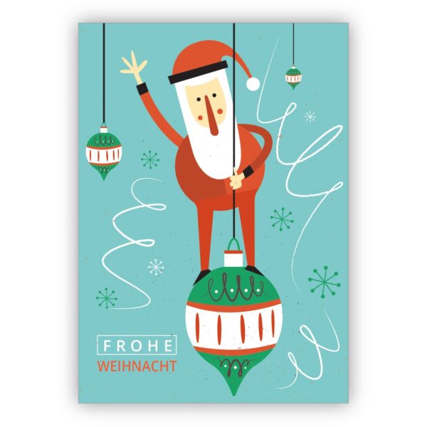 Hübsche Retro Weihnachtskarte mit Santa auf Weihnachtskugel auf hellblau: Frohe Weihnacht