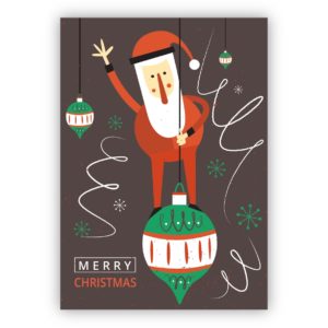 Schöne Retro Weihnachtskarte mit Santa auf Weihnachtskugel auf braun: Merry Christmas