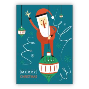 Überraschende Retro Weihnachtskarte mit Santa auf Weihnachtskugel auf blau: Merry Christmas