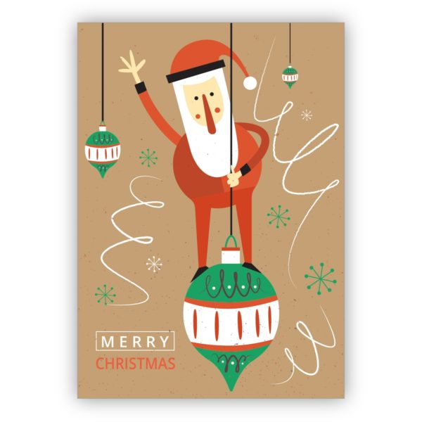 Liebevolle Retro Weihnachtskarte mit Santa auf Weihnachtskugel auf beige: Merry Christmas