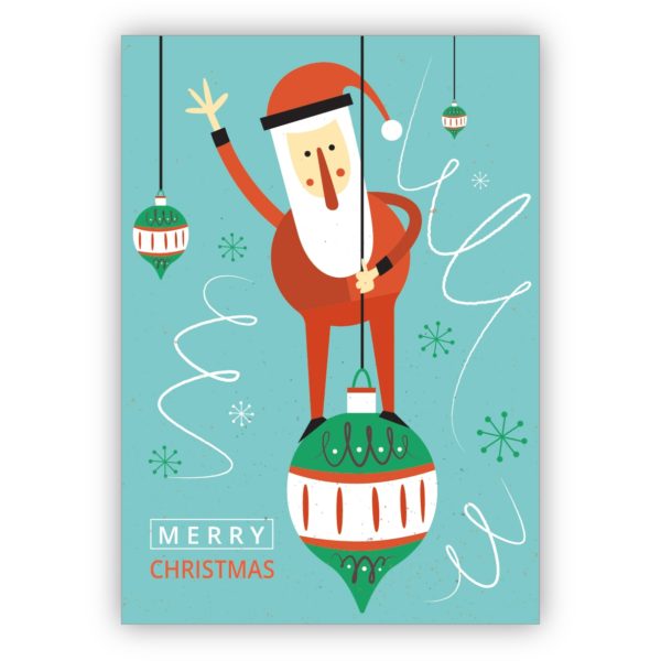 Tolle Retro Weihnachtskarte mit Santa auf Weihnachtskugel auf hellblau: Merry Christmas