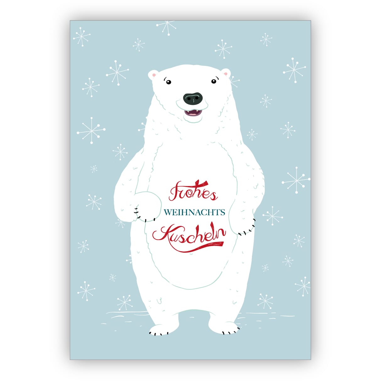 Süße Eisbären Weihnachtskarte mit nettem Weihnachtsgruß: Frohes Weihnachtskuscheln