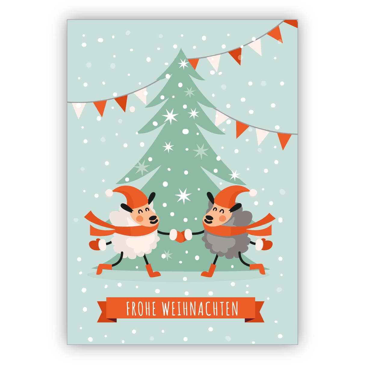 Lustige Weihnachtskarte mit tanzenden Schafen: Frohe Weihnachten