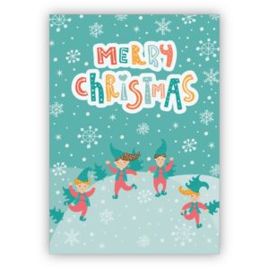 Kindliche Weihnachtskarte mit fröhlichen Wichteln: Merry Christmas
