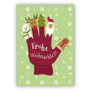 Lustige Weihnachtskarte mit Handschuh und Fingerpuppen: Frohe Weihnachten!