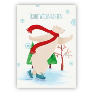 Gemalte Weihnachtskarte mit Schlittschuh laufendem Eisbär: Frohe Weihnachten