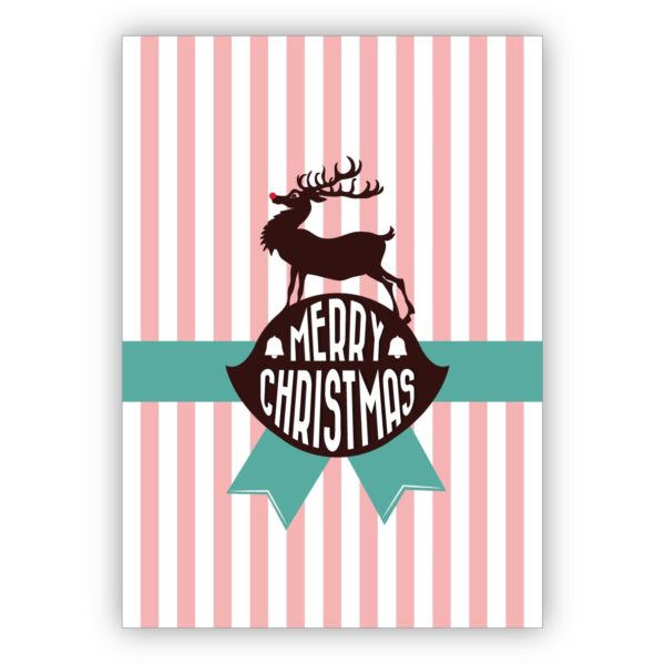 Edle Weihnachtskarte mit Hirsch auf rosa Streifen: Merry Christmas