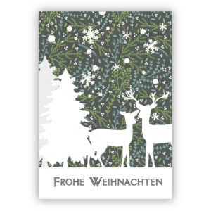 Romantische Weihnachtskarte mit Rehen und Wald in grau: Frohe Weihnachten
