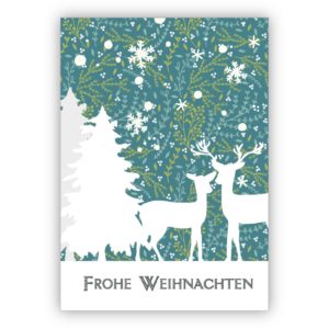Romantische Weihnachtskarte mit Rehen und Wald in blau: Frohe Weihnachten