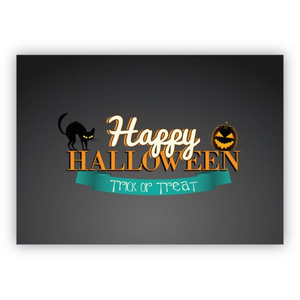 Gruselige Halloweenkarte mit schwarzen Katzen: Happy Halloween Trick or Treat