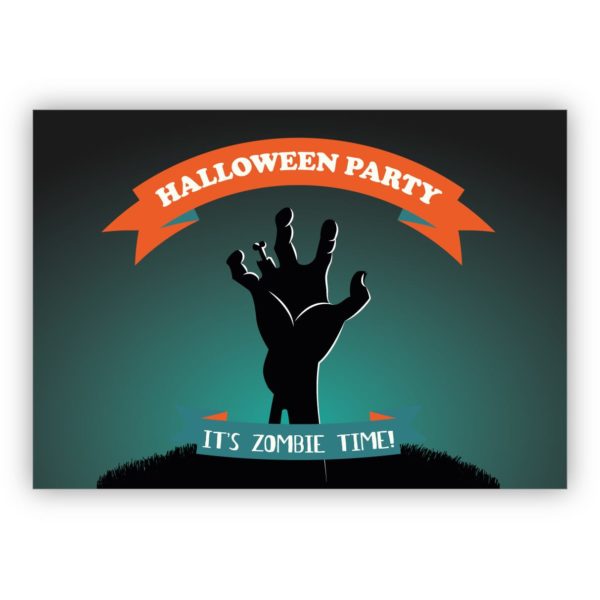 Coole Zombie Einladungskarte zu Halloween: Halloween Parts it's Zombie time