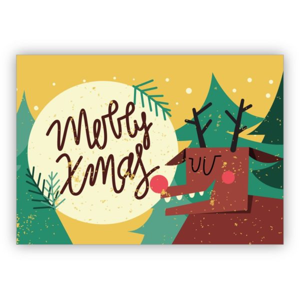 Lustige Retro Weihnachtskarte mit Hirsch: Merry Xmas