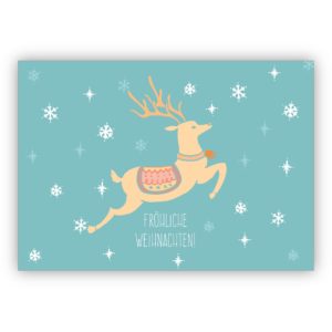 Schöne Weihnachtskarte mit springendem Hirsch: Frohe Weihnachten
