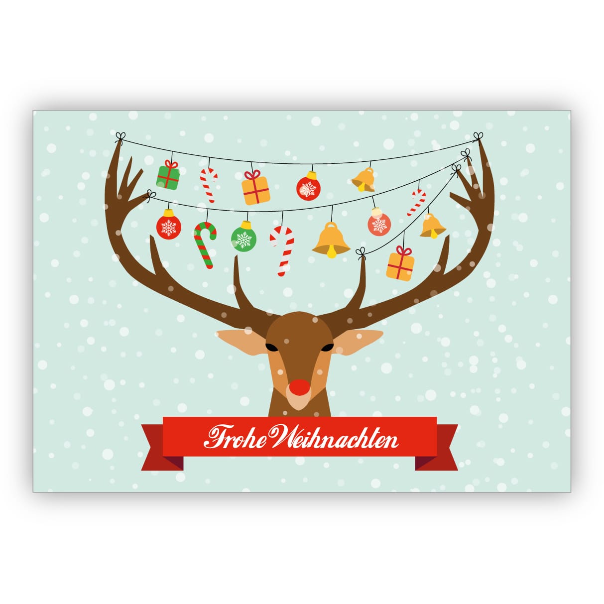 Lustige Weihnachtskarte mit geschmücktem Weihnachts Hirsch: Frohe Weihnachten