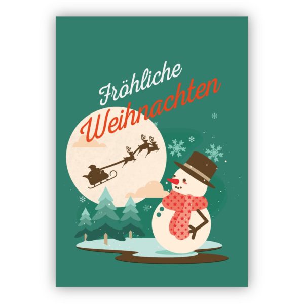 Klassische Retro Weihnachtskarte mit Vintage Schneemann und fliegendem Weihnachtsmann Schlitten: Fröhliche Weihnachten