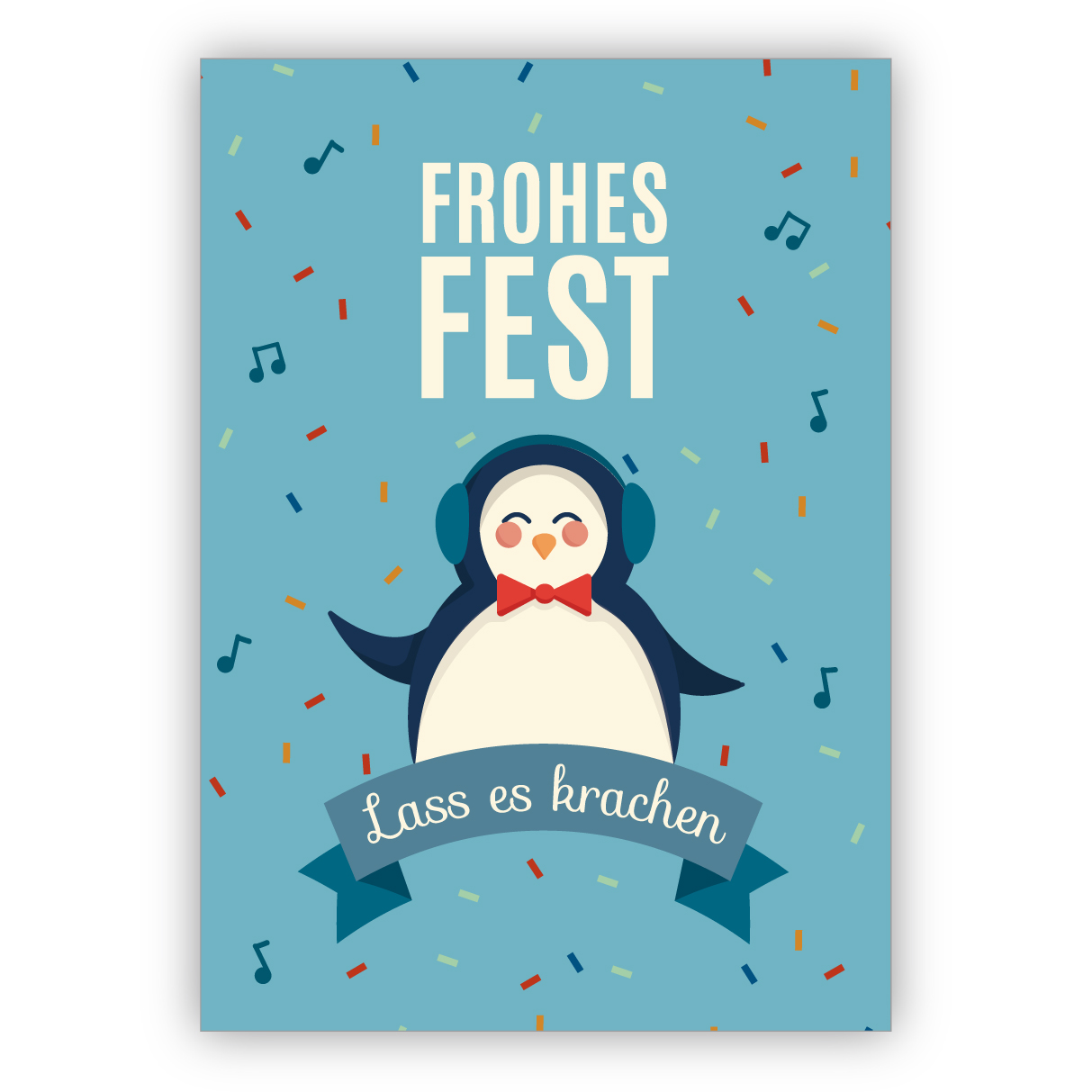 Coole Party Weihnachtskarte mit DJ Pinguin: Frohes Fest Lass es krachen