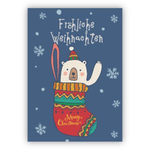 Niedliche Kinder Weihnachtskarte mit Eisbär in Weihnachts Strumpf: Fröhliche Weihnachten