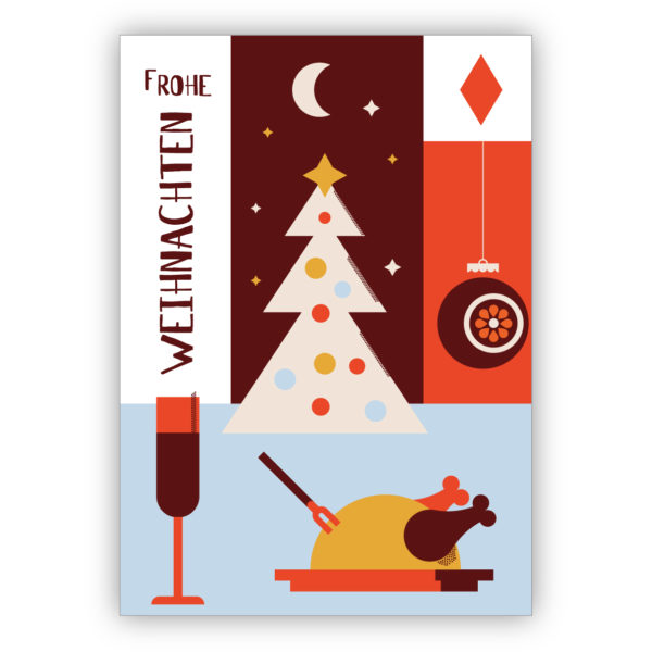 Moderne Retro Weihnachtskarte mit Weihnachtsgans und Weihnachtsbaum: Frohe Weihnachten