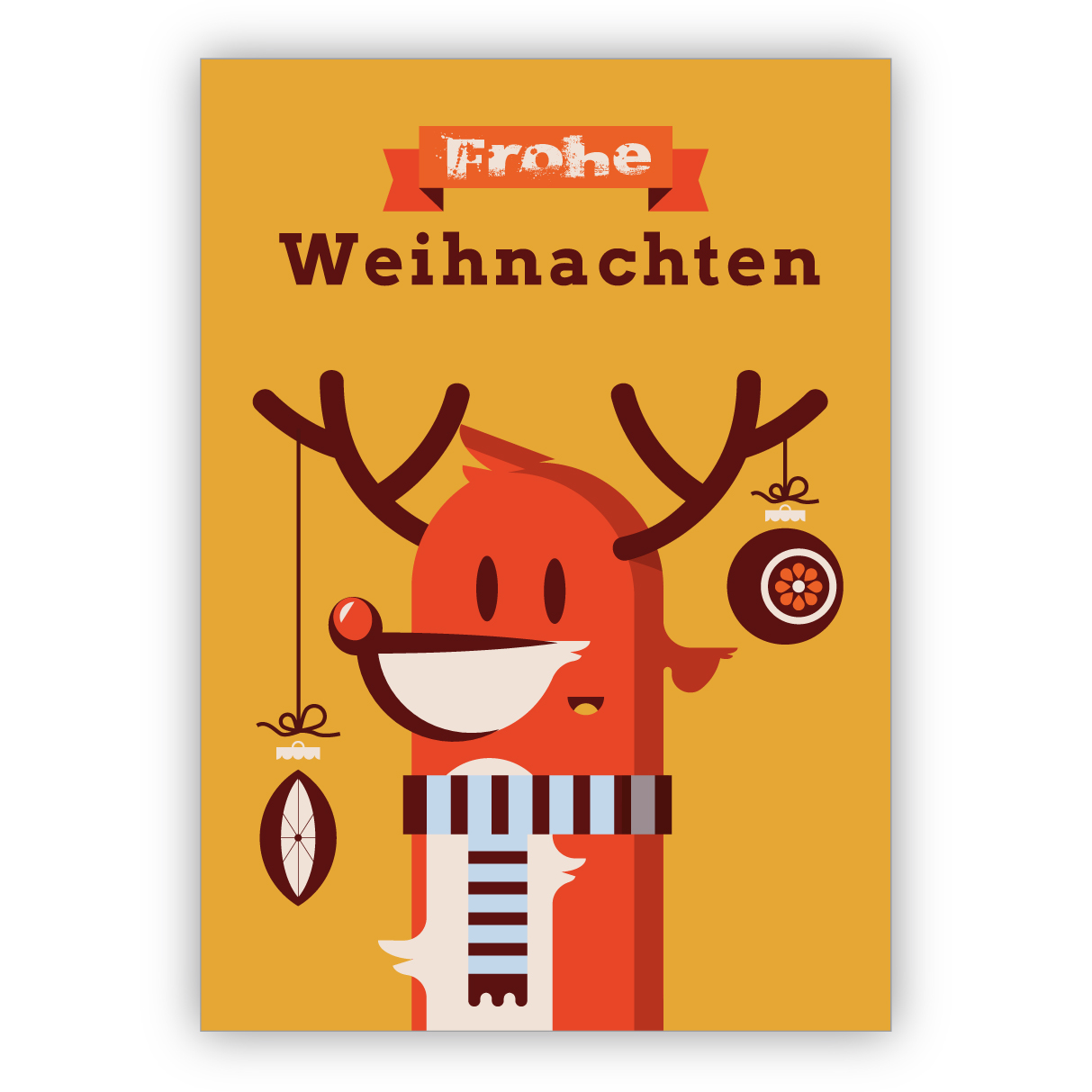 Lustige Retro Weihnachtskarte mit geschmücktem Rentier mit Schal: Frohe Weihnachten