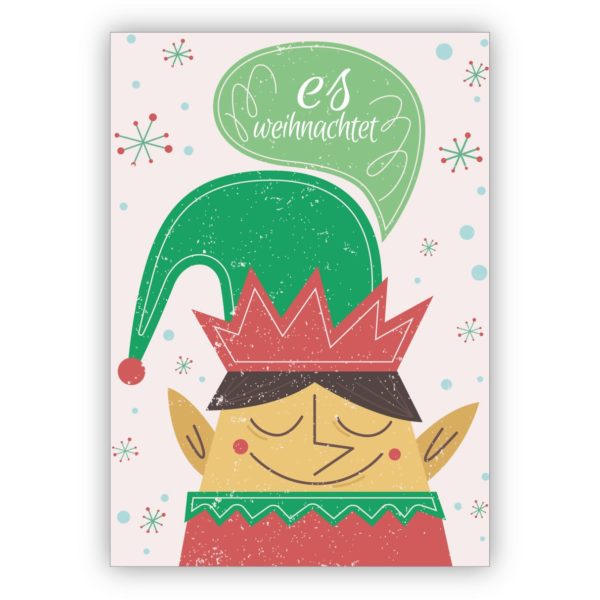 Süße Retro Wichtel, Elfen Weihnachtskarte: Es weihnachtet