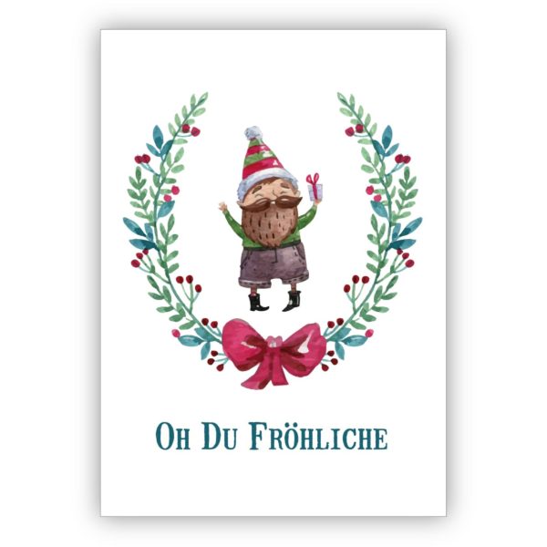 Süße handgemalte Weihnachtskarte mit Weihnachtskranz und Geschenke Wichtel: Oh Du Fröhliche