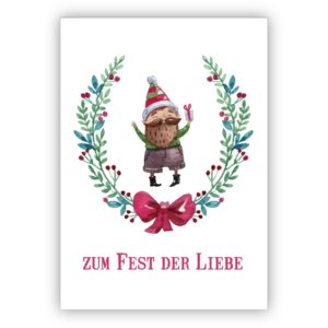 Süße handgemalte Weihnachtskarte mit Weihnachtskranz und Geschenke Wichtel: Zum Fest der Liebe