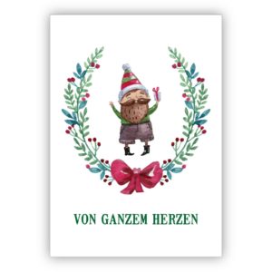 Süße handgemalte Weihnachtskarte mit Weihnachtskranz und Geschenke Wichtel: Von ganzem Herzen