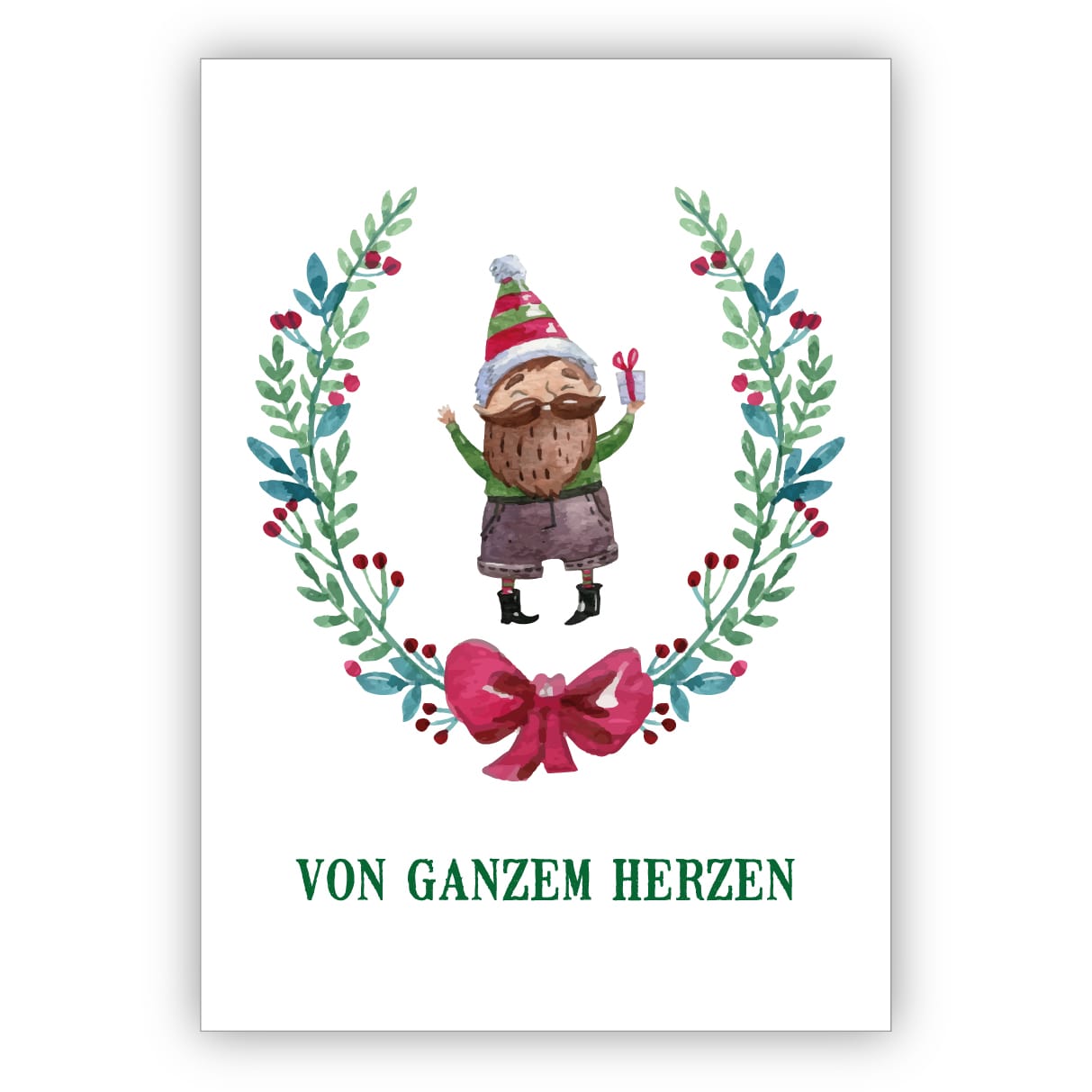 Süße handgemalte Weihnachtskarte mit Weihnachtskranz und Geschenke Wichtel: Von ganzem Herzen