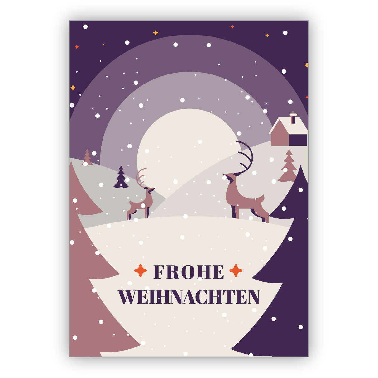 Edle Retro Weihnachtskarte mit Vintage Winterlandschaft, lila: Frohe Weihnachten