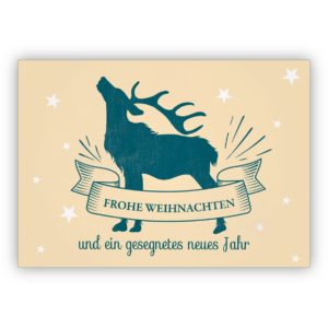 Coole Retro Weihnachtskarte mit röhrendem Hisch: Frohe Weihnachten und ein gesegnetes neues Jahr