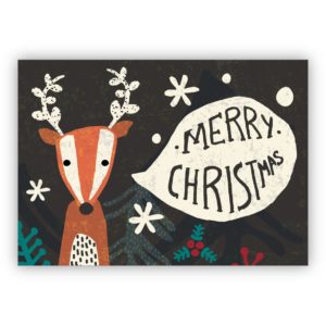 Niedliche handgemalte Weihnachtskarte mit Hirsch im Wald: Merry Christmas