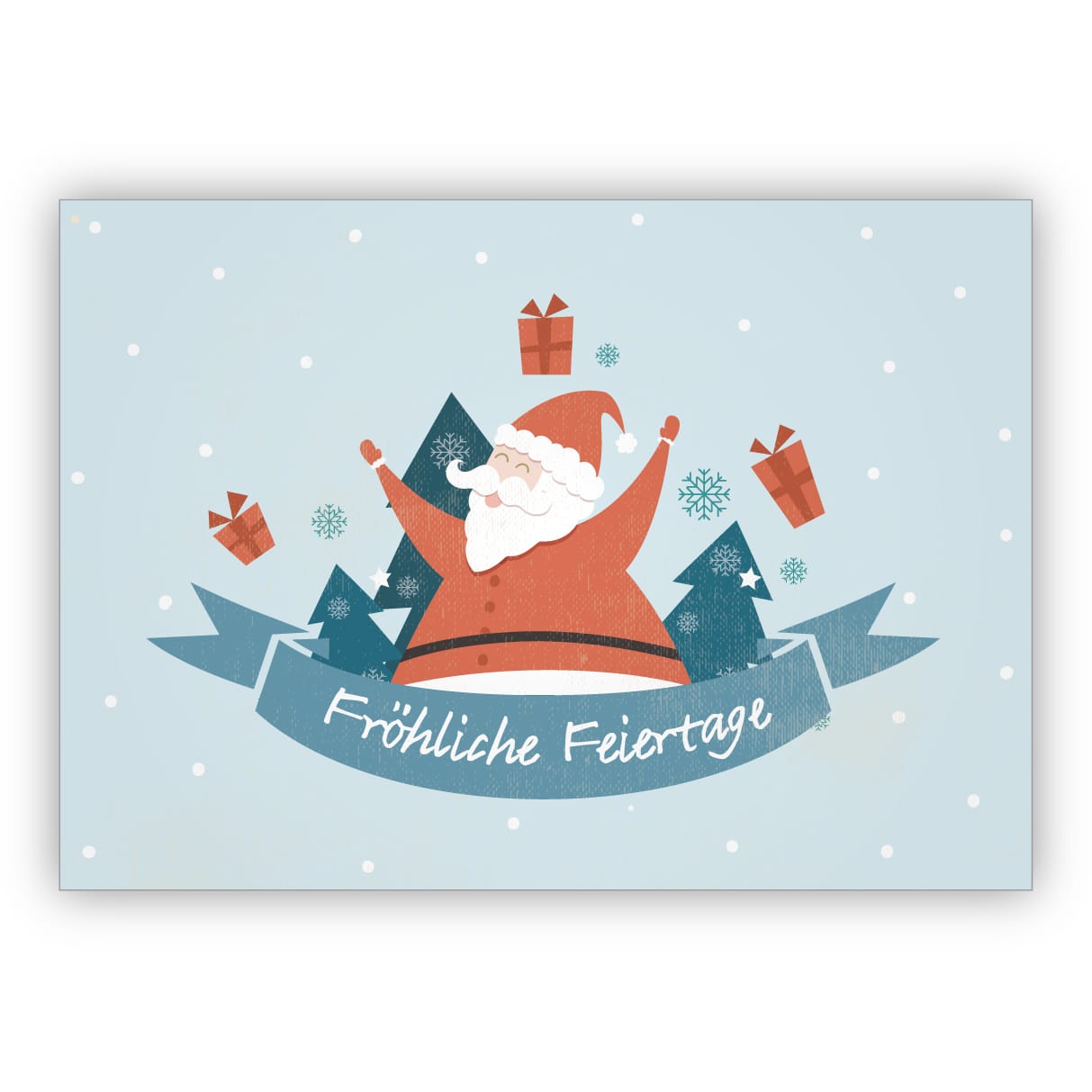 Süße Retro Weihnachtskarte mit Geschenke bringendem Weihnachtsmann: Fröhliche Feiertage