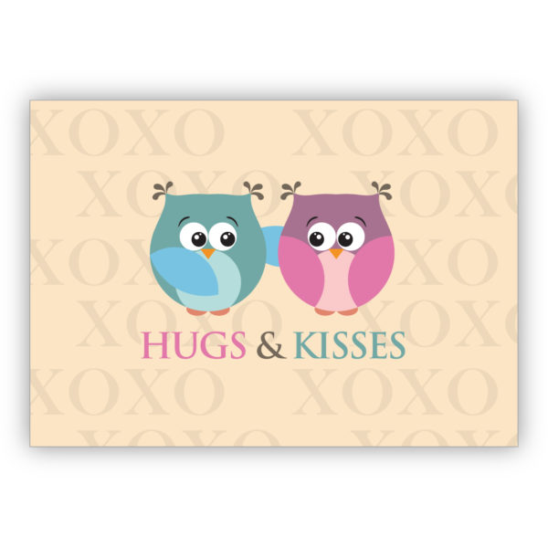 Niedliche Eulen Grußkarte für Familie und Freunde, auch zu Weihnachten: Hugs & Kisses