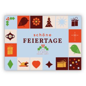 Moderne grafische Weihnachtskarte mit Retro Weihnachtselementen: schöne Feiertage und ein gutes neues Jahr.