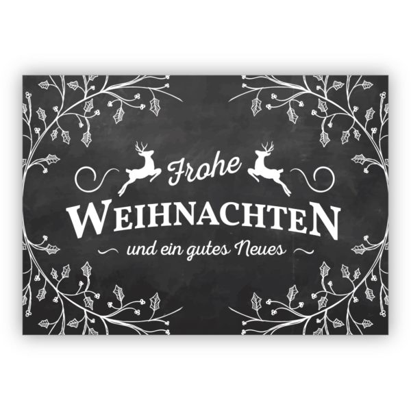 Edle Landhaus Weihnachtskarte mit Hirschen in Schiefer Tafel-Optik: Frohe Weihnachten und ein gutes Neues