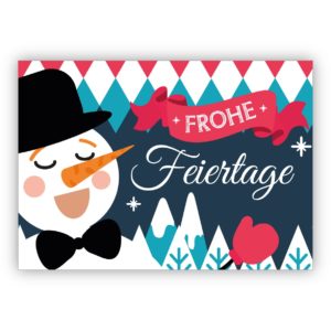 Lustige Retro Weihnachtskarte mit Schneemann und Bergen: Frohe Feiertage
