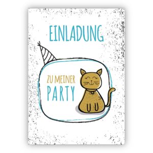 Coole Party Einladungskarte mit Katze, hellblau: Einladung zu meiner Party