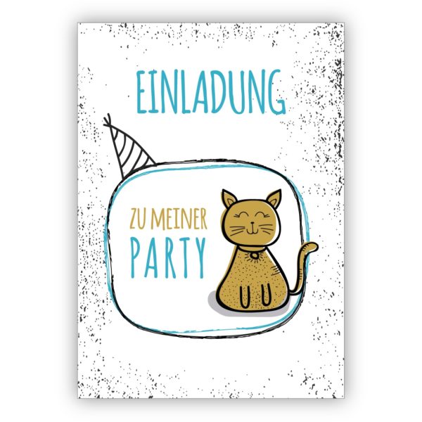Coole Party Einladungskarte mit Katze, hellblau: Einladung zu meiner Party