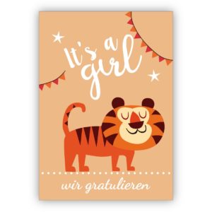 süße Babykarte mit Tiger zu Geburt eines Mädchen: It's a girl - wir gratulieren