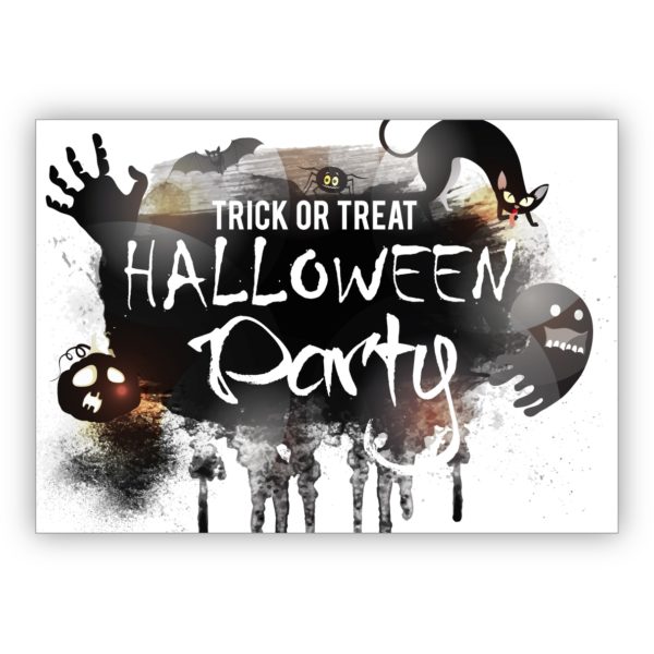 coole Halloween Einladungskarte Trick or Treat, mit Katzen und Geistern: Halloween Party