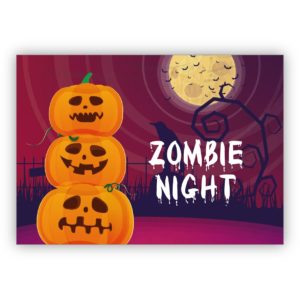 Gruselige schöne Halloween Einladungskarte mit Kürbis und Mond: Zombie Night