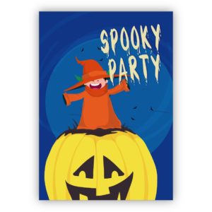 Lustige gruselige Halloween Einladungskarte mit Kürbis und Hexe: Spooky Party