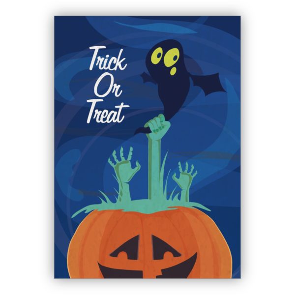 Gruselige schöne Halloweenkarte mit Kürbis und Geist: Trick or Treat