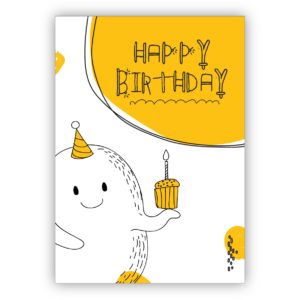 Süße Geburtstagskarte mit kleinem Monster und Muffin nicht nur für Kinder "Happy Birthday"