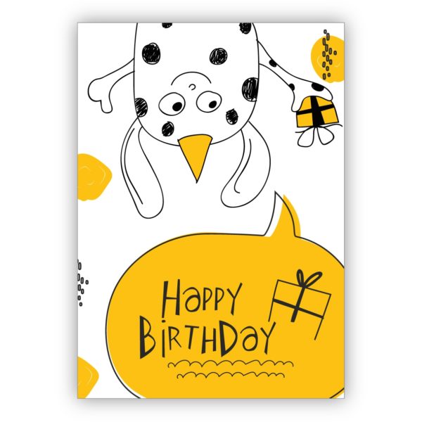 Lustige Geburtstagskarte mit kleinem Monster und Geschenk nicht nur für Kinder "Happy Birthday"