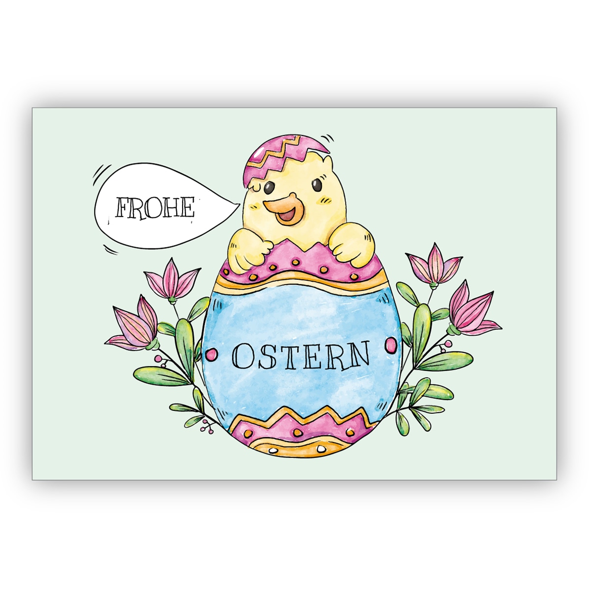 Lustige gezeichnete Osterkarte mit im Osterei geschlüpftem Küken zum Osterfest "Frohe Ostern"