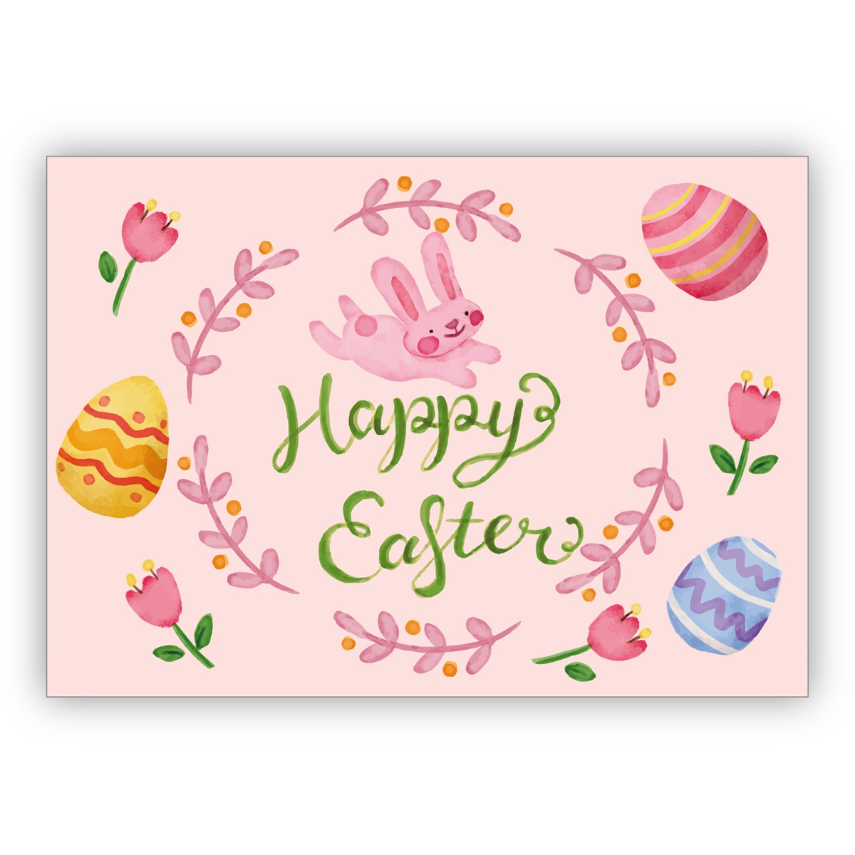 Entzückende handgemalte Osterkarte mit Tulpen, Ostereiern und Häschen in rosa "Happy Easter"